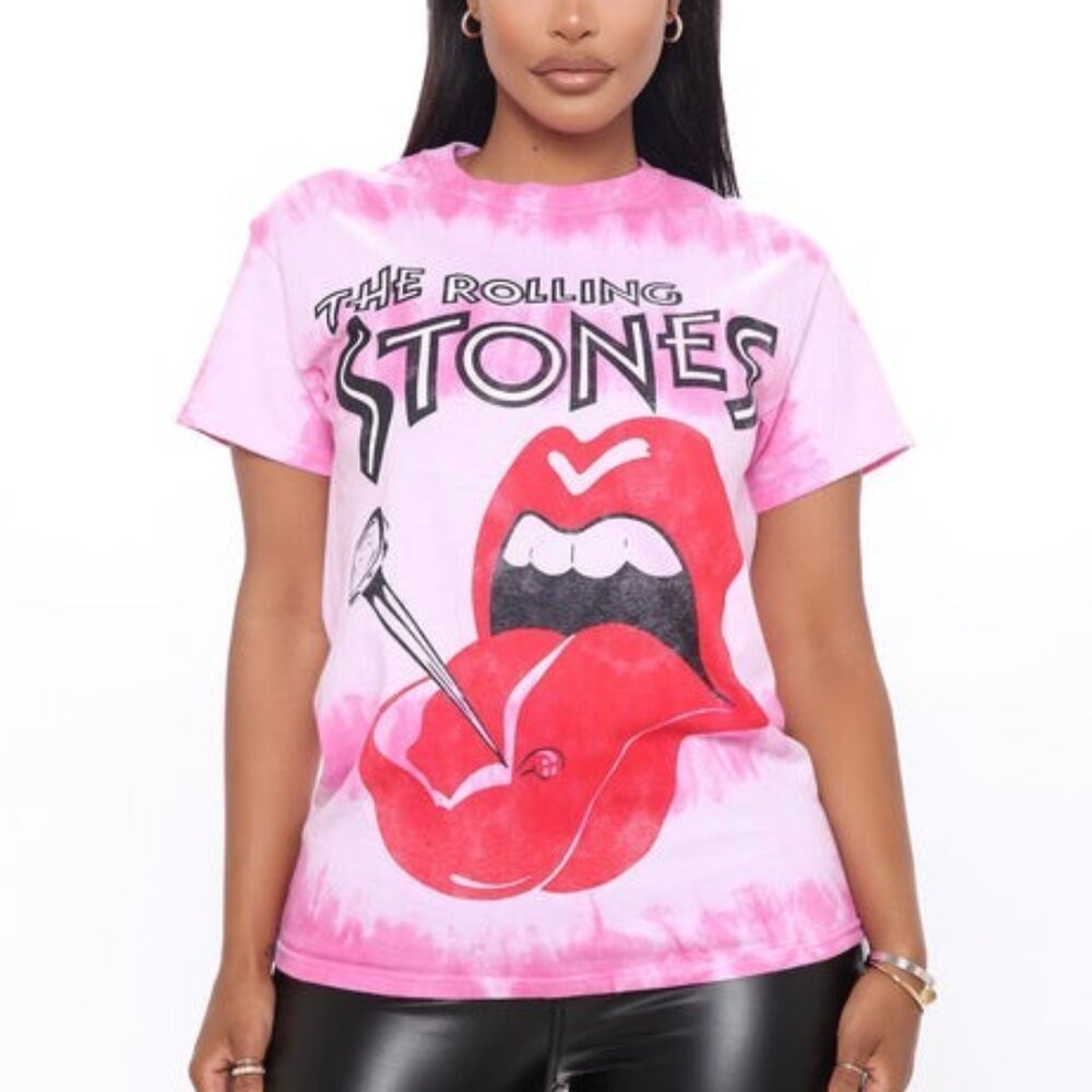 The Rolling Stones Nailed Tongue Tee Womens 1X Pink Tie Dye